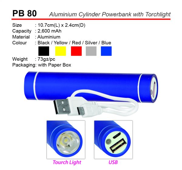 PB 80 Aluminium Cylinder Powerbank with Torchlight