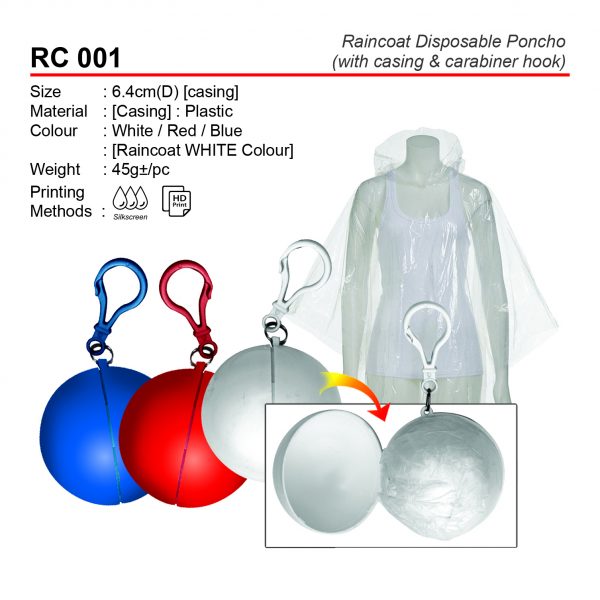 RC 001 Raincoat Disposable Poncho (with casing&carabiner hook)