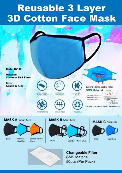 CV 10 Reusable 3 layer 3D Cotton Face Mask