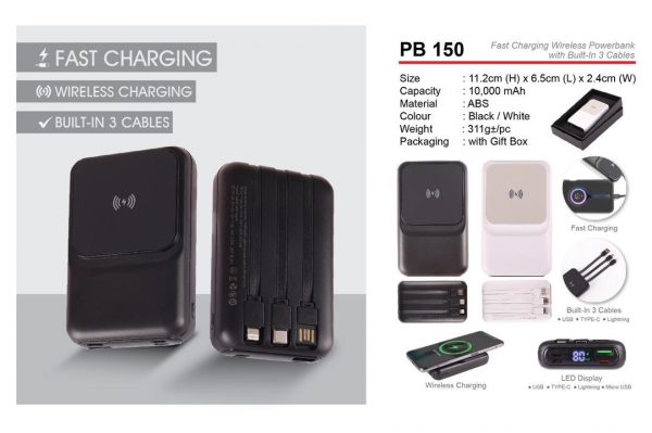 PB 150 Fast Charging Wireless Powerbank with Built-In 3 Cables